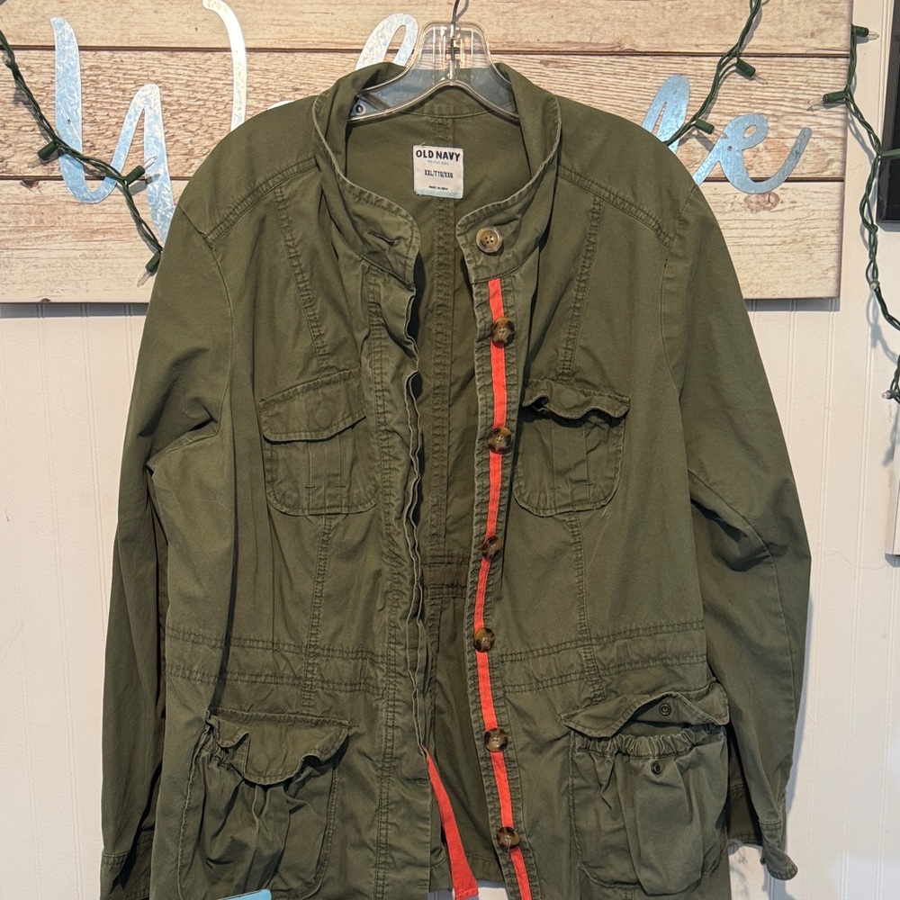 Old Navy Olive Green Utility Jean Jacket with Orange Trim